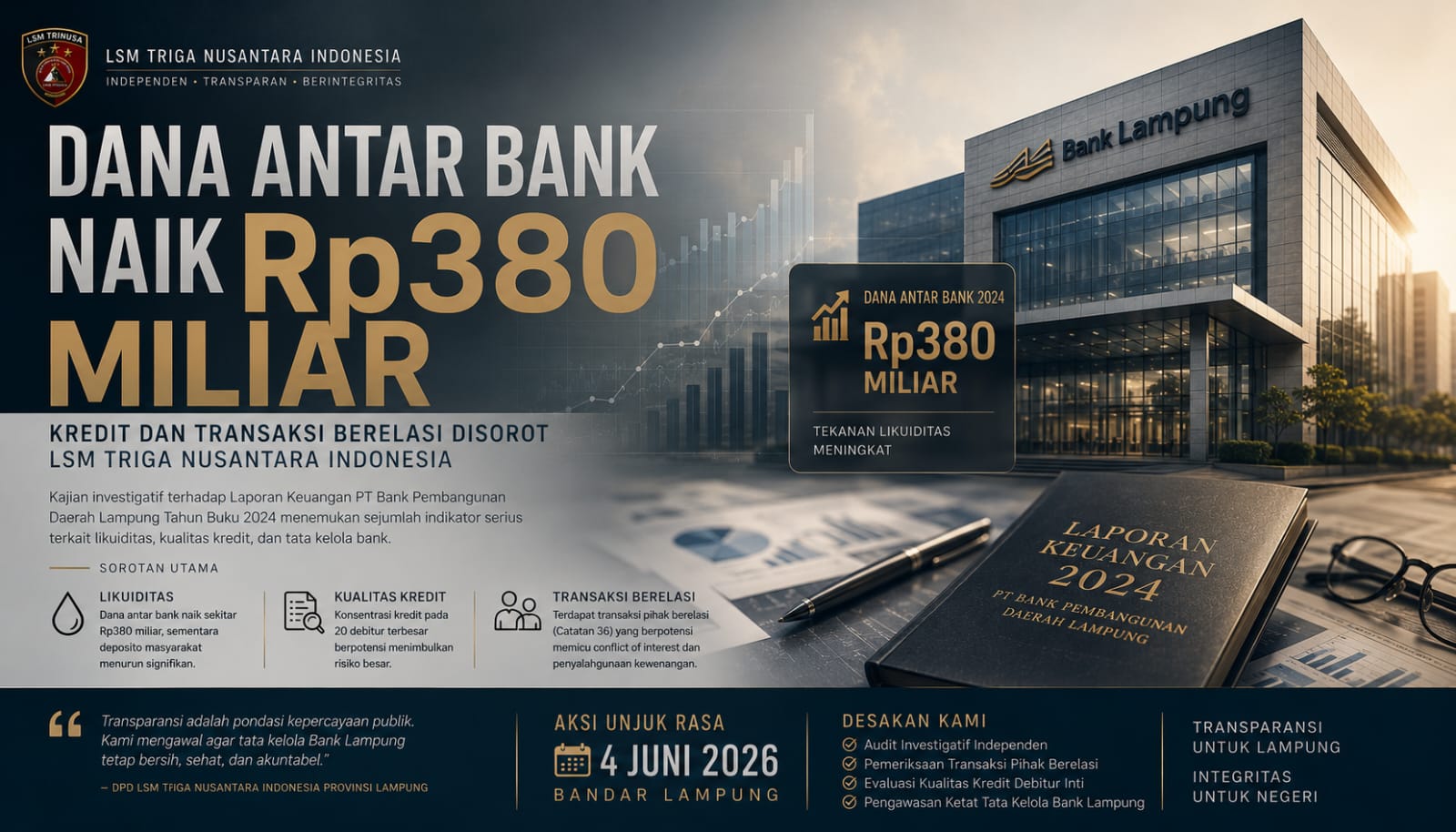 *DANA ANTAR BANK NAIK RP380 MILIAR, KREDIT DAN TRANSAKSI BERELASI DISOROT LSM TRIGA NUSANTARA INDONESIA*