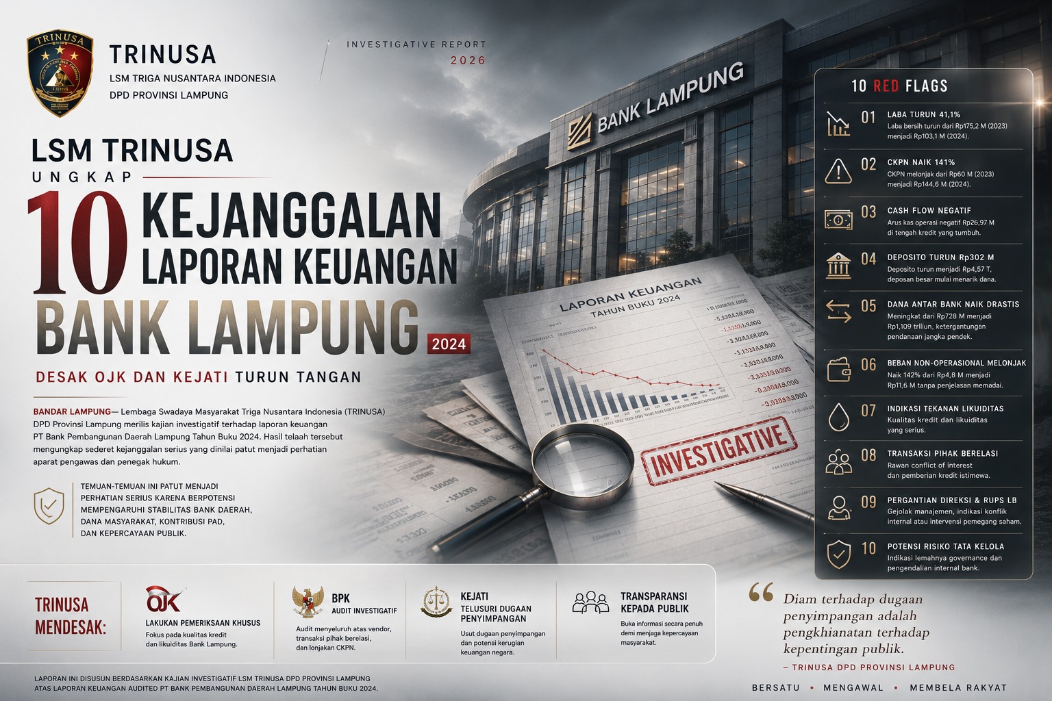 LSM TRINUSA Ungkap 10 Kejanggalan Laporan Keuangan Bank Lampung 2024, Desak OJK dan Kejati Turun Tangan